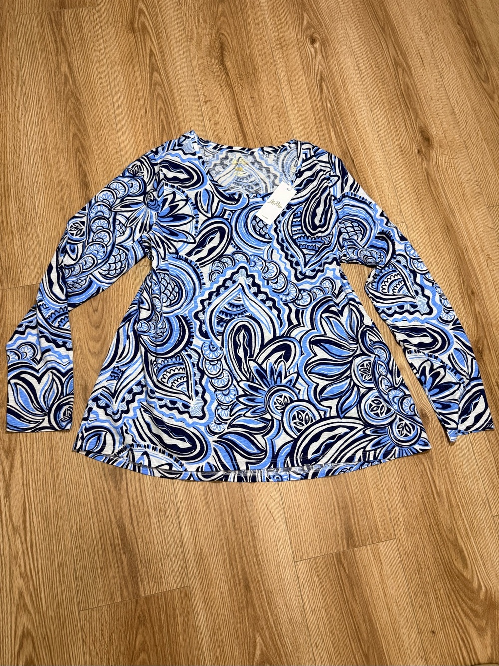 Lilly Pulitzer Women's Blue Paisley V Neck Long Sleeve Top Cotton Size XXL NWT
